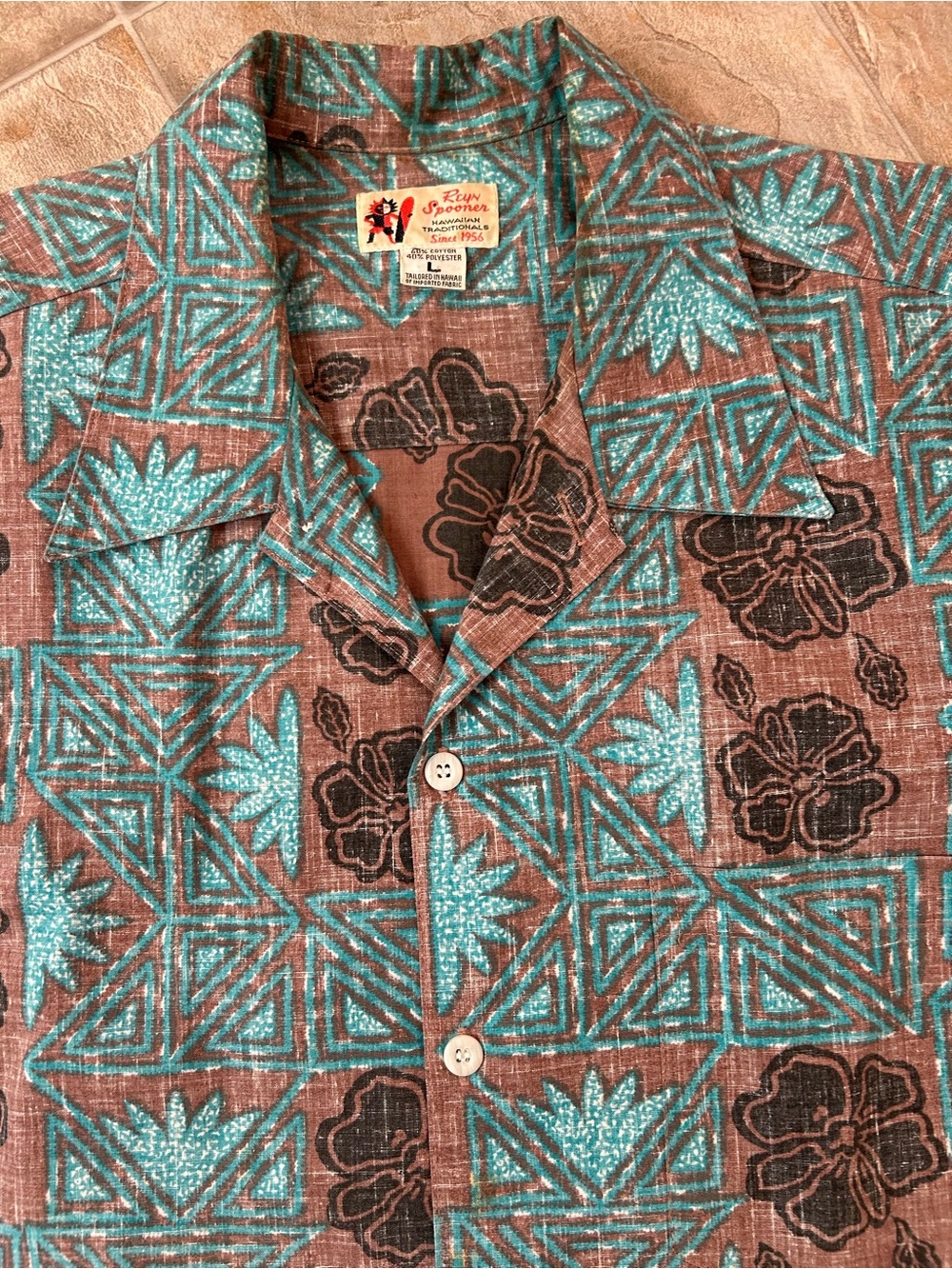 Vintage Reyn Spooner hibiscus Hawaiian print button down, teal shirt size large - Picture 4 of 9